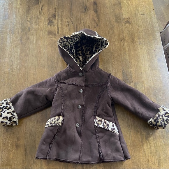 OshKosh B’gosh Girls Winter Coat Brown Leopard Trim Faux Suede Hooded Jacket - Picture 1 of 5